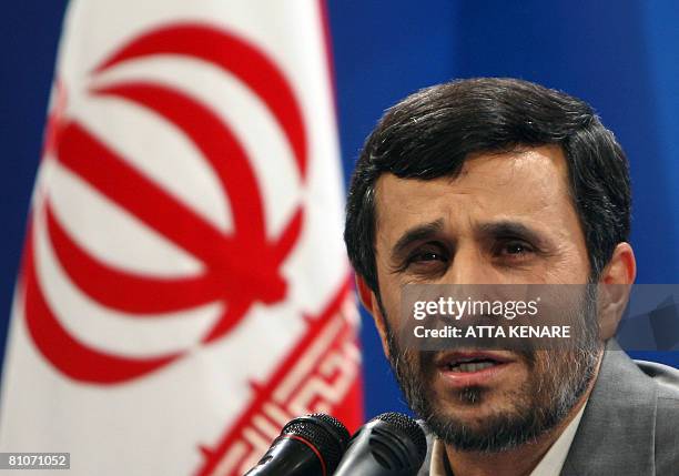 Iranian President Mahmoud Ahmadinejad speaks during a press conference in Tehran on May 13, 2008. Ahmadinejad said today that Saudi Foreign Minister...