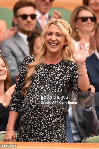 British cyclist Laura Kenny waves from her seat in the Royal Box on Centre Court on the sixth day of the 2017 Wimbledon Championships at The All...