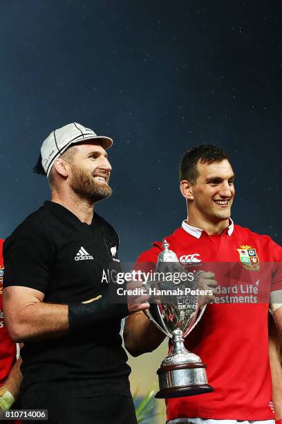 Kieran Read of the All Blacks and Sam Warburton of the Lions hold the DHL series trophy after drawing the series following the Test match between the...