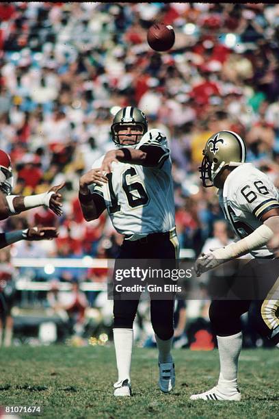 Quarterback Ken Stabler of the New Orleans Saints throws a pass against the Atlanta Falcons in Atlanta Fulton-County Stadium on October 9, 1983 in...