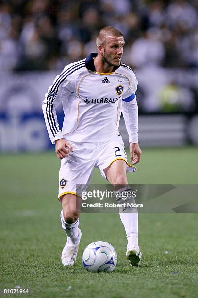 David Beckham of the Los Angeles Galaxy attacks the defense during the MLS game against the New York Red Bulls at Home Depot Center on May 10, 2008...