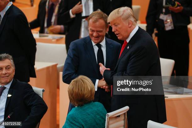 President Donald Trump is seen with European Council president Donald Tusk ahead of the thrid plenary session of the G20 summit in Hamburg, Germany...