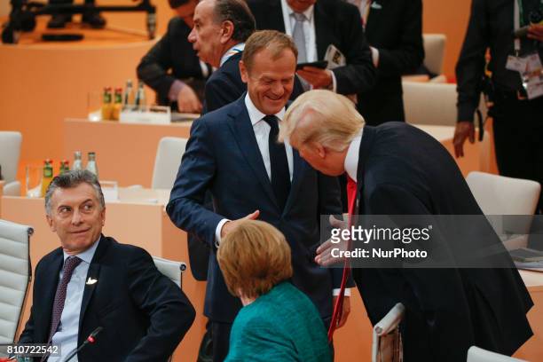 President Donald Trump is seen with European Council president Donald Tusk ahead of the thrid plenary session of the G20 summit in Hamburg, Germany...