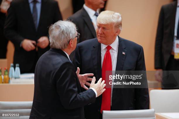 President Donald Trump is seen with EC president Jean-Claude Juncker ahead of the thrid plenary session of the G20 summit in Hamburg, Germany on 8...