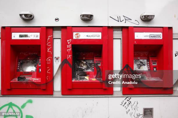 Automats, which were damaged by protesters during demonstrations against the G20 Leaders' Summit, are seen in Hamburg, Germany on July 08, 2017....