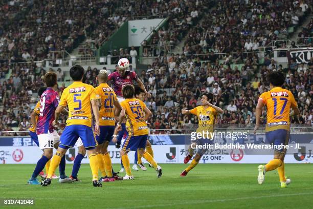 Nilton of Vissel Kobe heads the ball to score his side's third goal during the J.League J1 match between Vissel Kobe and Vegalta Sendai at Noevir...