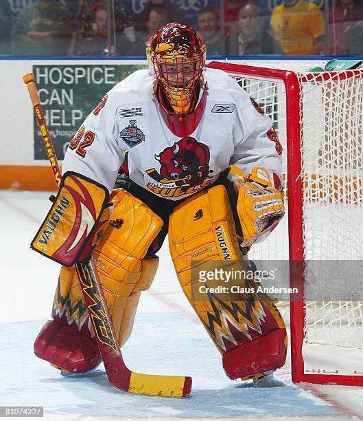 Mike Murphy of the Belleville Bulls waits for a shot in game 7 of the OHL Championship final against the Kitchener Rangers on May 12, 2008 at the...