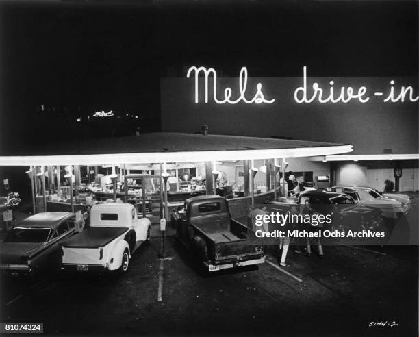 The famous landmark restaurant Mel's Drive-in, in a scene from the Universal City Studios production of "American Graffiti" in 1973 in San Francisco,...