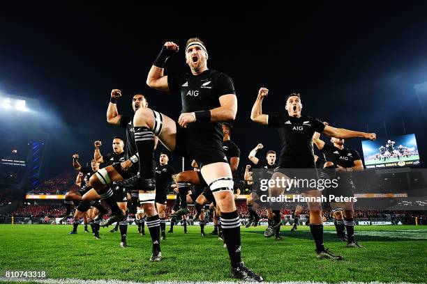 Kieran Read and the All Blacks perform the haka prior to the Test match between the New Zealand All Blacks and the British & Irish Lions at Eden Park...