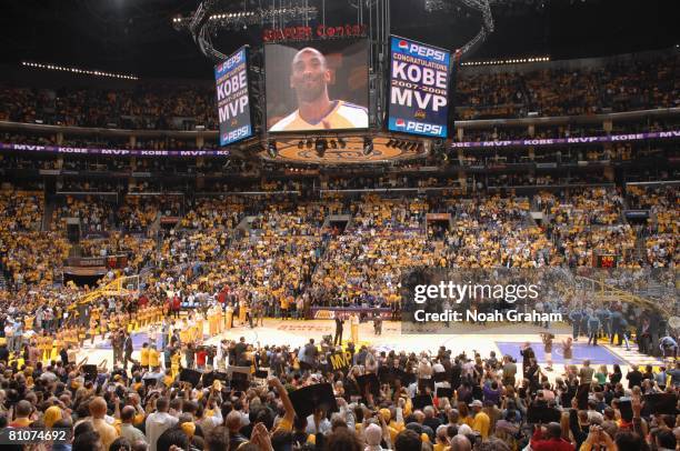 Kobe Bryant of the Los Angeles Lakers is shown on the screen during his MVP award ceremony prior to Game Two of the Western Conference Semifinals...