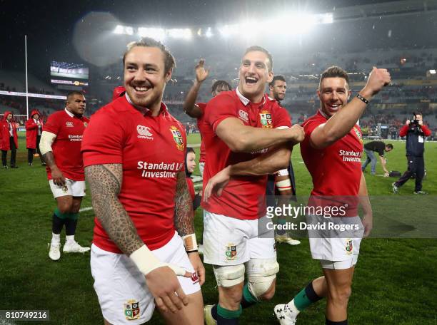 Sam Warburton, the Lions captain, Jack Nowell and Rhys Webb acknowledges the Lions supporters after they draw the final test 15-15 and tie the series...