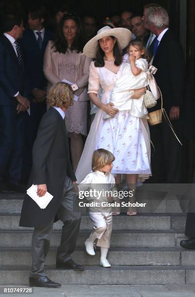 Prince Andrea Casriraghi his wife Tatiana Santo Domingo and their children, son Sacha Casiraghi and daughter India Casiraghi leave the wedding of...