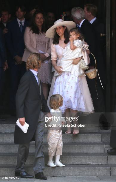 Prince Andrea Casriraghi his wife Tatiana Santo Domingo and their children, son Sacha Casiraghi and daughter India Casiraghi leave the wedding of...