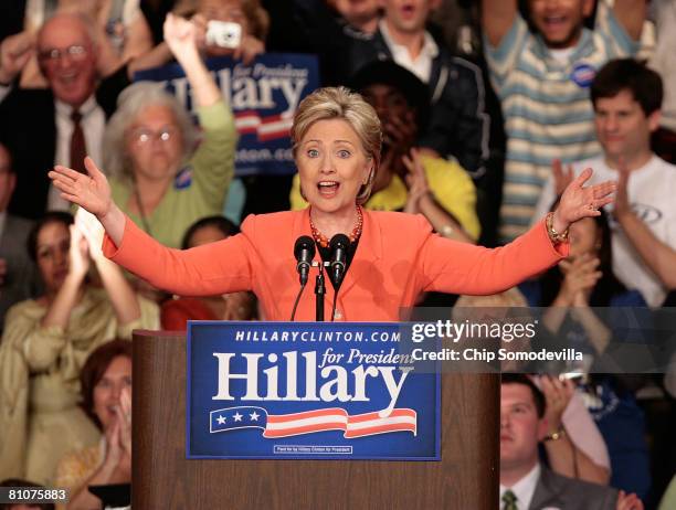 Democratic presidential hopeful Sen. Hillary Clinton celebrates during a primary night rally at the Charleston Civic Center May 13, 2008 in...