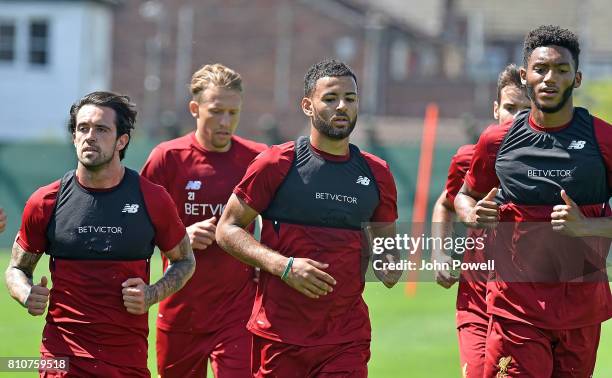 Left to Right-Danny Ings Kevin Stewart and Joe Gomez of Liverpool at Melwood Training Ground on July 8, 2017 in Liverpool, England.