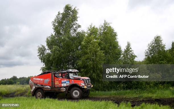 Renault's Dutch truck driver Martin Van Den Brink, co-drivers Daniel Kozlowsky and Rijk Mouw compete during Stage 1 of the Silk Way 2017 rally race...