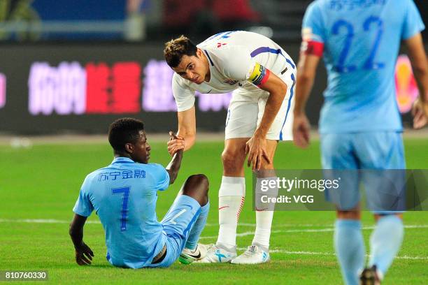 Ramires of Jiangsu Suning falls down during the 16th round match of 2017 Chinese Football Association Super League between Jiangsu Suning and...