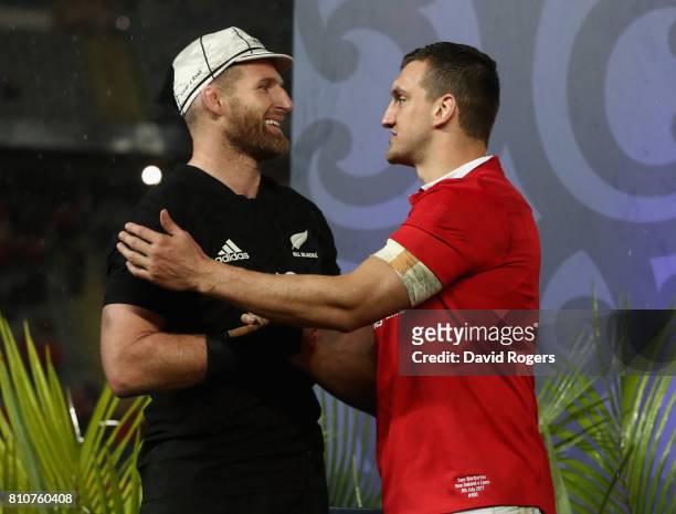 Sam Warburton, the Lions captain, and Kieran Read, the All Black captain shake hands after their sides draw the final test 15-15 and tie the series...