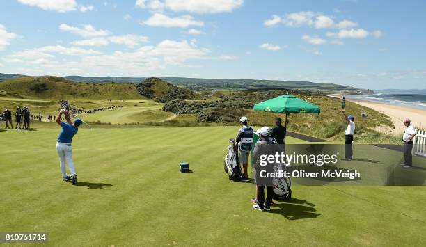 Portstewart , United Kingdom - 8 July 2017; Jon Rahm of Spain on the 1st tee during Day 3 of the Dubai Duty Free Irish Open Golf Championship at...