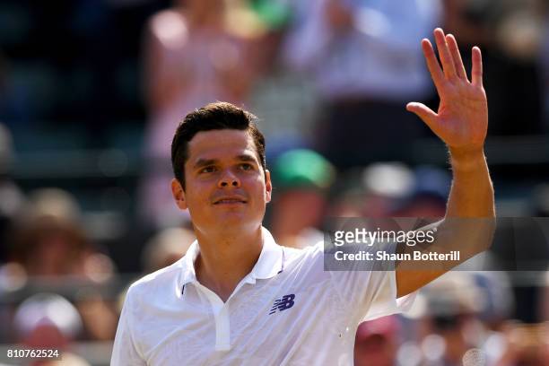 Milos Raonic of Canada celebrates victory after his Gentlemen's Singles third round match against Albert Ramos-Vinolas of Spain on day six of the...