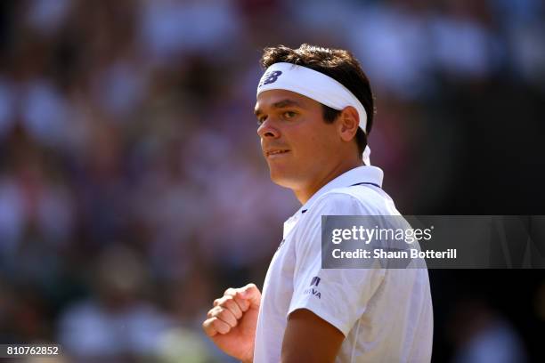 Milos Raonic of Canada celebrates victory after his Gentlemen's Singles third round match against Albert Ramos-Vinolas of Spain on day six of the...