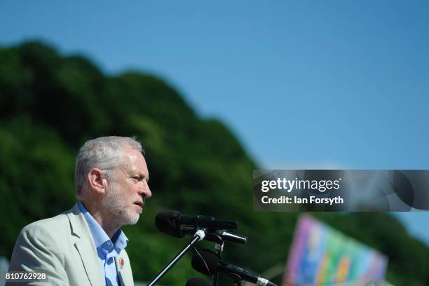 Jeremy Corbyn, leader of the Labour party address thousands of spectators during the 133rd Durham Miners Gala on July 8, 2017 in Durham, England....