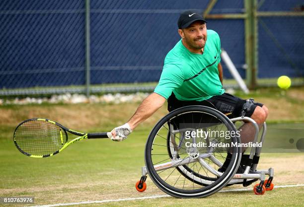 David Wagner of the USA plays a forehand during his Quad Singles Final match against Andy Lapthorne of Great Britain during day three of the Surbiton...