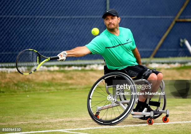 David Wagner of the USA plays a forehand during his Quad Singles Final match against Andy Lapthorne of Great Britain during day three of the Surbiton...