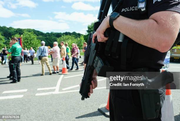 Armed police officers provide added security to the 133rd Durham Miners Gala on July 8, 2017 in Durham, England. Over two decades after the last pit...