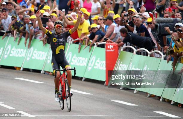 Lilian Calmejane of France and team Direct Energie celebrates crossing the finish line to win stage eight of the 2017 Le Tour de France, a 187.5km...