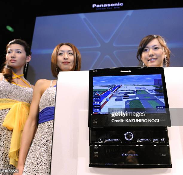 Models display Panasonic's new HDD Car Navigation System "Stranda F-Class" during a press preview in Tokyo on May 14, 2008. Panasonic, the brand by...