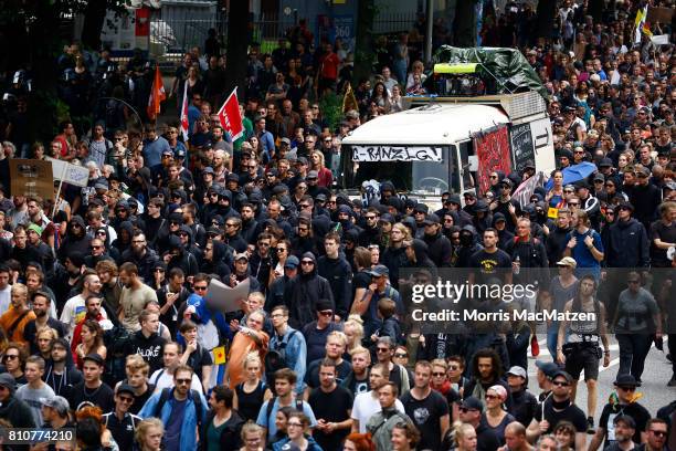 Protesters demonstrate against the G20 economic summit during a protest march on July 08, 2017 in Hamburg, Germany. Hamburg is hosting the G20 summit...