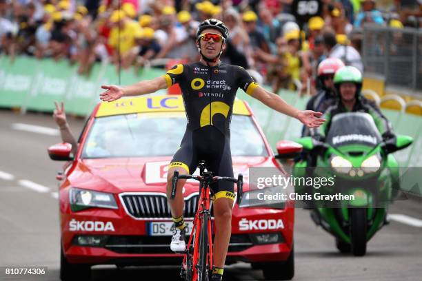 Lilian Calmejane of France and team Direct Energie celebrates crossing the finish line to win stage eight of the 2017 Le Tour de France, a 187.5km...