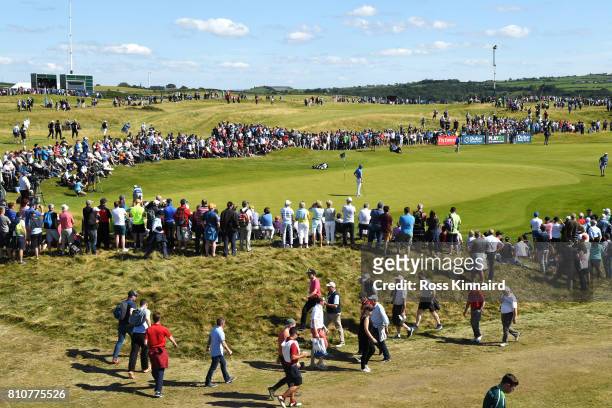 General View of Jon Rahm of Spain on the 16th green during day three of the Dubai Duty Free Irish Open at Portstewart Golf Club on July 8, 2017 in...