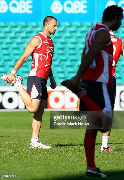 Nick Malceski of the Swans stretches during a Sydney Swans AFL training session at the Sydney Cricket Ground on May 14, 2008 in Sydney, Australia.