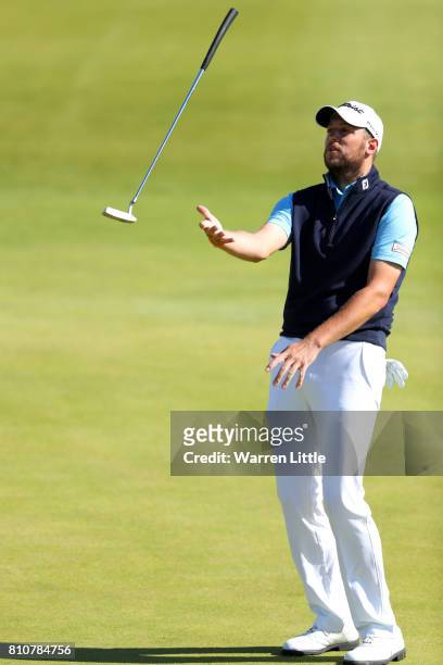 Matthew Southgate of England reacts to a putt on the 18th green during day three of the Dubai Duty Free Irish Open at Portstewart Golf Club on July...