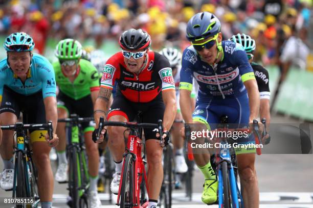 Competitors head towards the finish line during stage eight of the 2017 Le Tour de France, a 187.5km road stage from Dole to Station Des Rousses on...