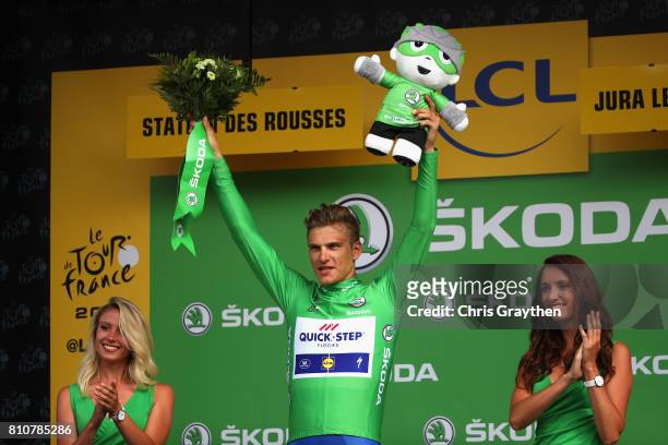Marcel Kittel of Germany and Team Quick-Step Floors celebrates retaining the green jersey during stage eight of the 2017 Le Tour de France, a 187.5km...