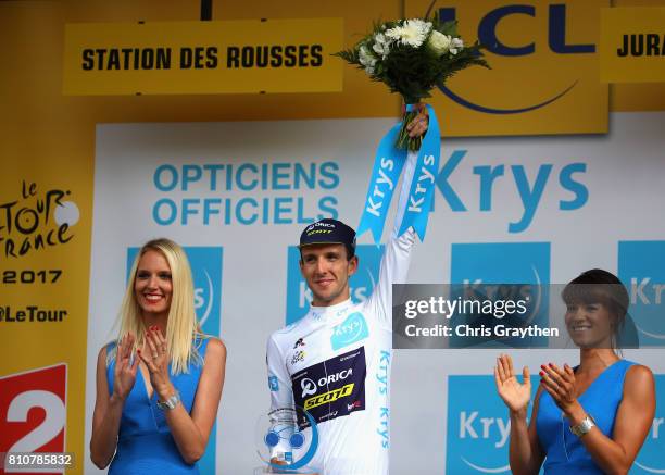 Simon Yates of Great Britain and Team Orica-Scott celebrates retaining the white jersey during stage eight of the 2017 Le Tour de France, a 187.5km...