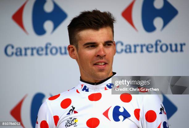 Lilian Calmejane of France and Team Direct Energie celebrates winning the Polka-Dot Jersey during stage eight of the 2017 Le Tour de France, a...