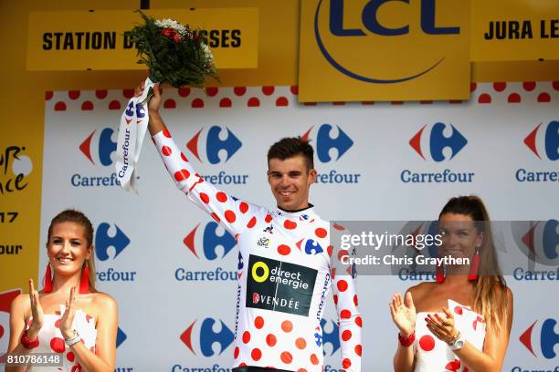 Lilian Calmejane of France and Team Direct Energie celebrates winning the Polka-Dot Jersey during stage eight of the 2017 Le Tour de France, a...