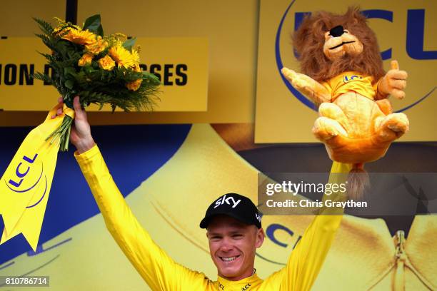 Chris Froom of Great Britain and Team Sky celebrates during stage eight of the 2017 Le Tour de France, a 187.5km road stage from Dole to Station Des...