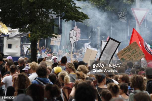 Protesters march during the "G20 Not Welcome" protests against G20 Leaders' Summit on its second day in Hamburg, Germany on July 08, 2017. Germany is...