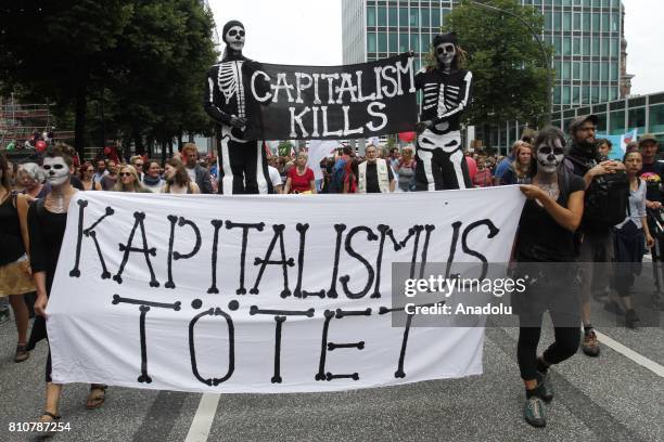 Protesters march during the "G20 Not Welcome" protests against G20 Leaders' Summit on its second day in Hamburg, Germany on July 08, 2017. Germany is...