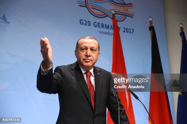 Turkish President Recep Tayyip Erdogan holds a press conference after the G20 Leaders' Summit in Hamburg, Germany on July 08, 2017. Germany is...