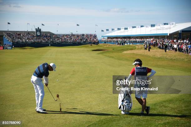 Benjamin Hebert of France hits his third shot on the 18th hole during day three of the Dubai Duty Free Irish Open at Portstewart Golf Club on July 8,...