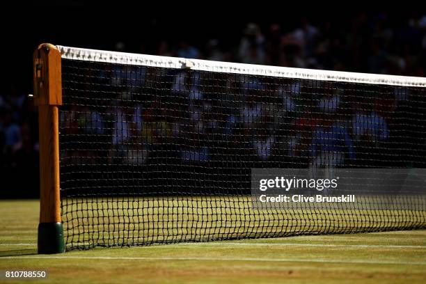 Net detail on centre court on day six of the Wimbledon Lawn Tennis Championships at the All England Lawn Tennis and Croquet Club on July 8, 2017 in...
