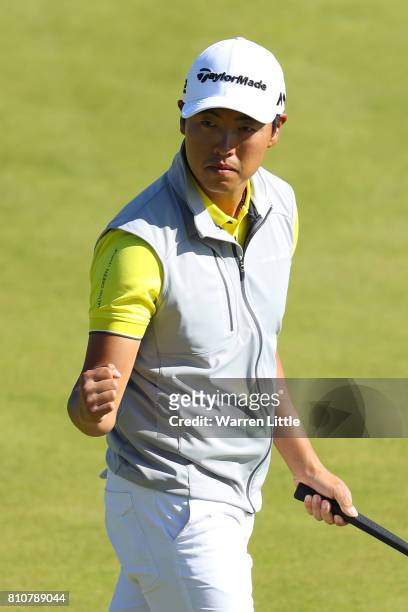 Daniel Im of the United States reacts to his par putt on the 18th green during day three of the Dubai Duty Free Irish Open at Portstewart Golf Club...