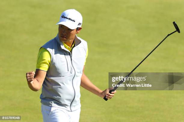 Daniel Im of the United States reacts to his par putt on the 18th green during day three of the Dubai Duty Free Irish Open at Portstewart Golf Club...