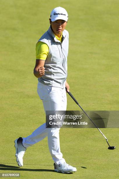 Daniel Im of the United States reacts to his par putt on the 18th green during day three of the Dubai Duty Free Irish Open at Portstewart Golf Club...